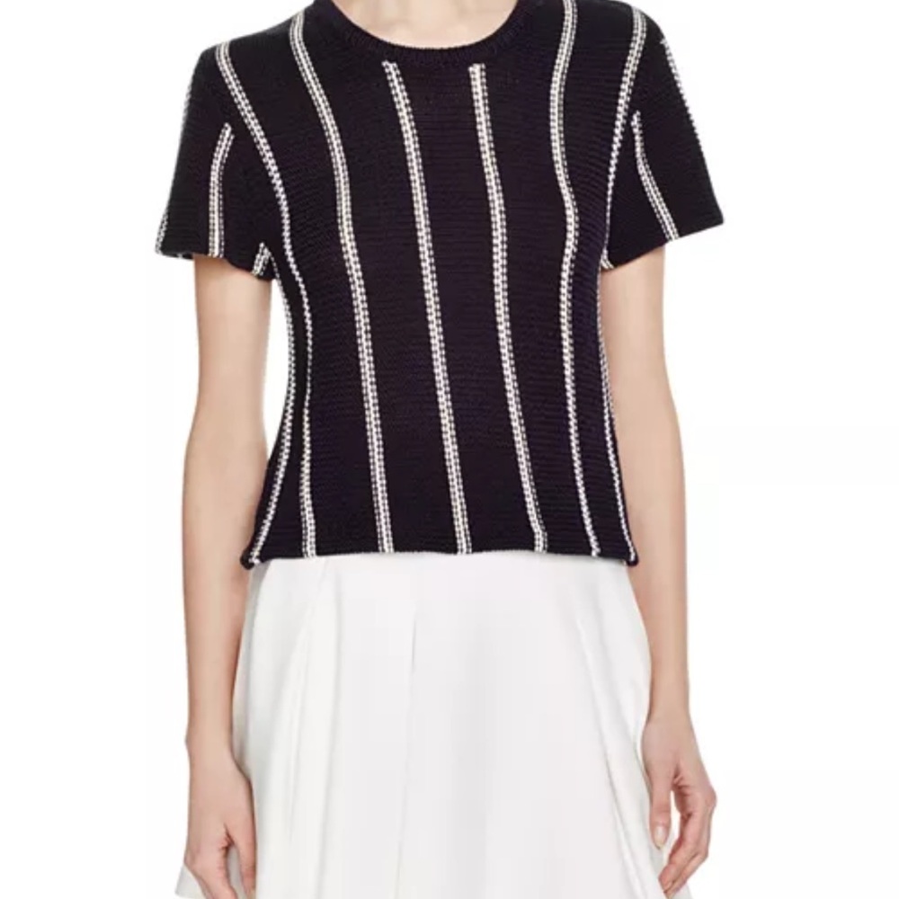 Theory Emmeris Ibisco Dark Navy and White Striped Short Sleeve Top